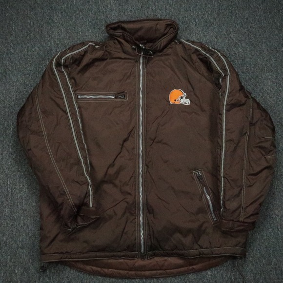 VINTAGE Cleveland Browns Jacket Mens Extra Large Brown Puma NFL Puffer Hooded XL - Picture 2 of 16